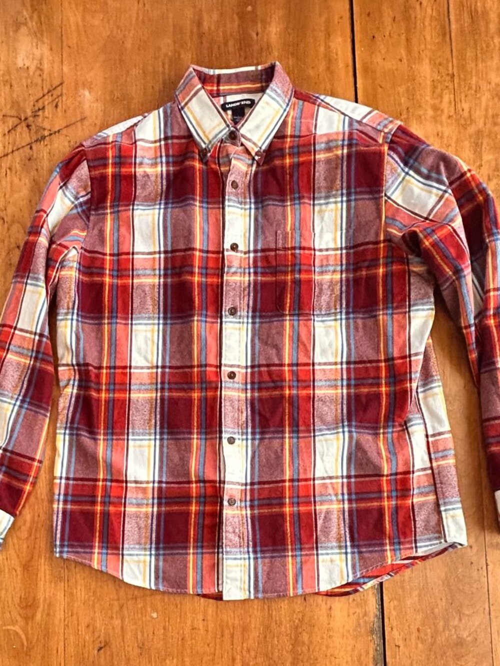 Lands End flannel, men's size L, red plaid, button down, excellent condition